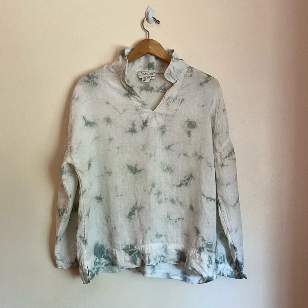Rachel Zoe 100% Linen Tie Dye Blouse Green White Tunic Top L Lightweight Boho